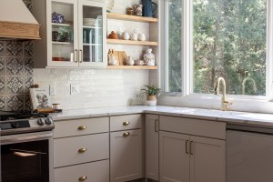 PHOTO MAY CONTAIN LIGHT BRIGHT KITCHEN WITH LARGE WINDOW AND OPEN SHELVING
