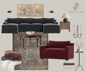Moody living room moodboard. slate blue sectional and wine sleeper chair